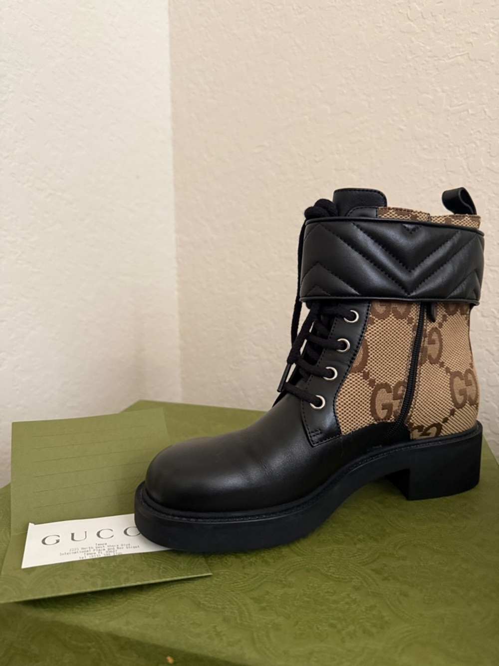 Gucci Black Leather & Brown GG Canvas Lace-Up Boot